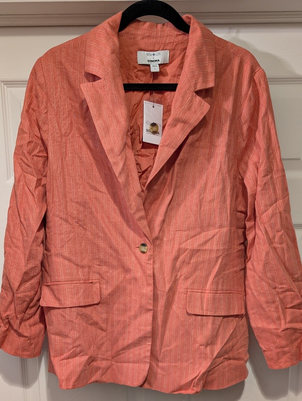 NEW Sonoma Now Gen Pink Coral Pinstripe Misses Top Linen Jacket Size Large NWT